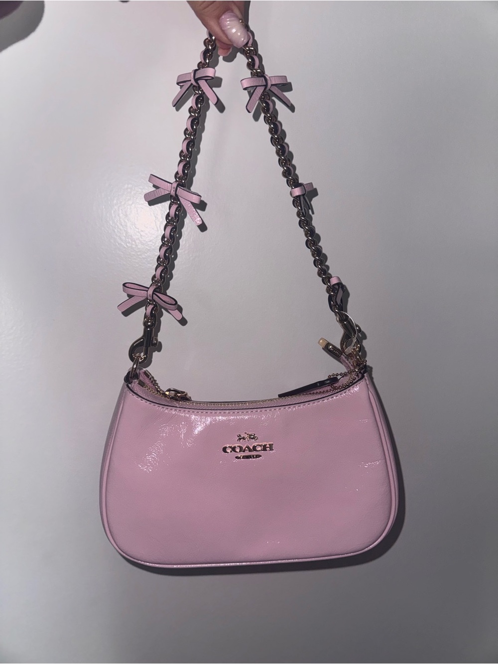 Coach Pink Patent Leather Mini Shoulder Bag with Bow Chain